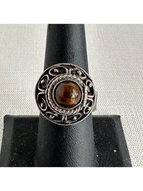 Vintage Mexican Sterling Silver and Tigers Eye ARCO Filigree Ring Adjustable Eag